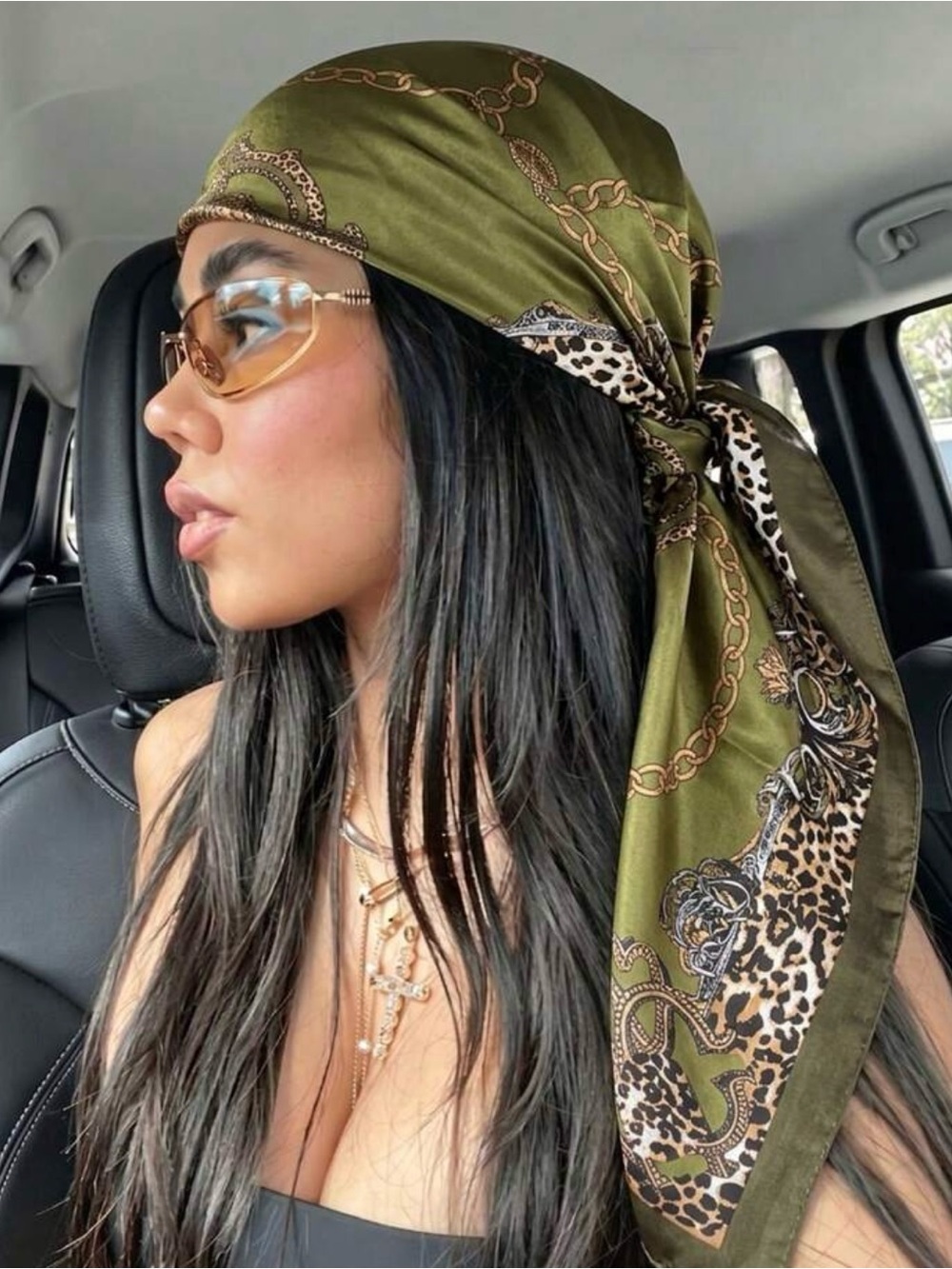 Olive Chain & Leopard Print Satin Headscarf - Women Accessories - Picture 1 of 3